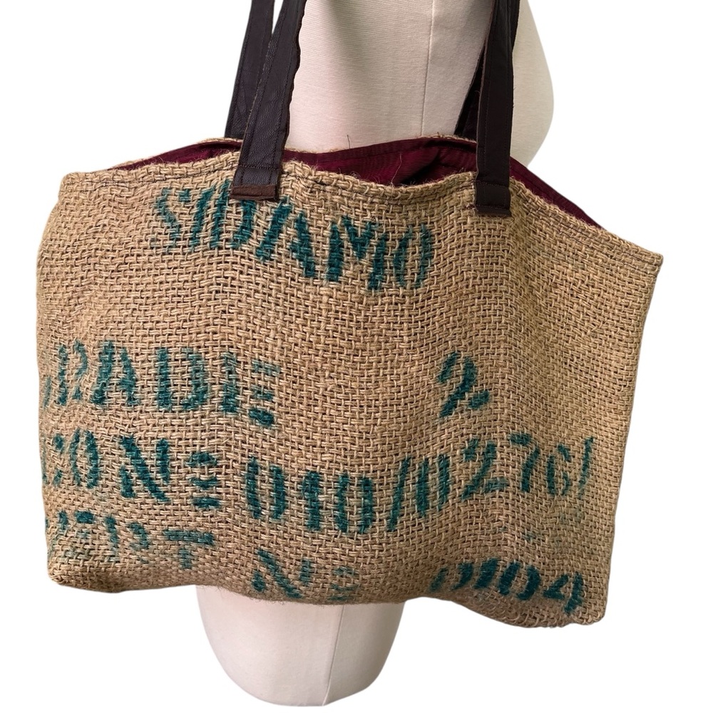 Handmade upcycled burlap market tote fully lined faux leather straps pocket - Picture 2 of 8